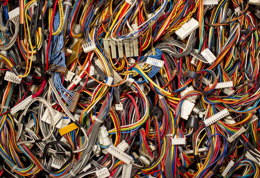 Colorful cables wires and connectors of computer and internet network
